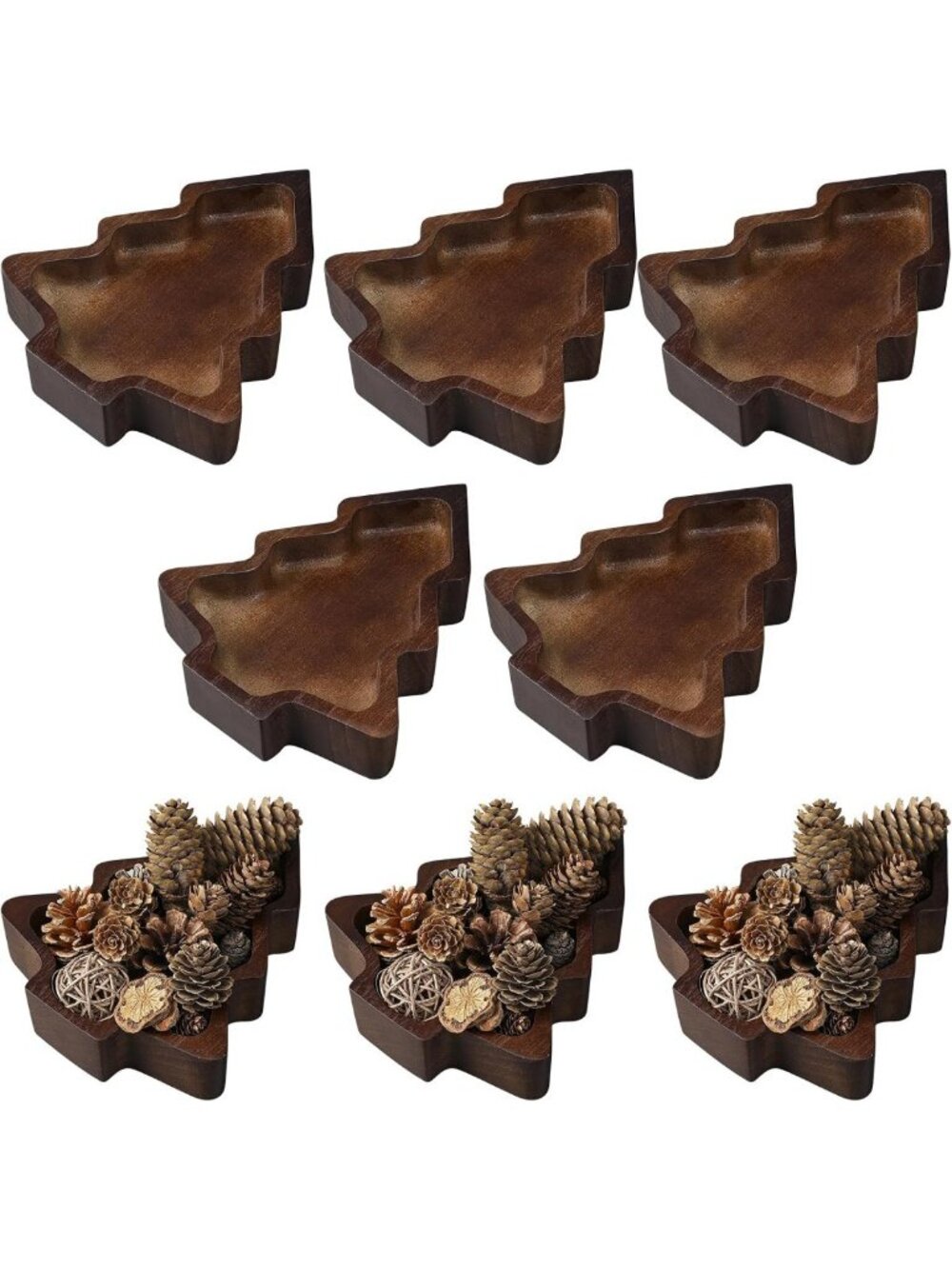 Rustic Wooden Bowl Tray Set - 8 Pcs Christmas Tree Decor, Holiday Home Accent